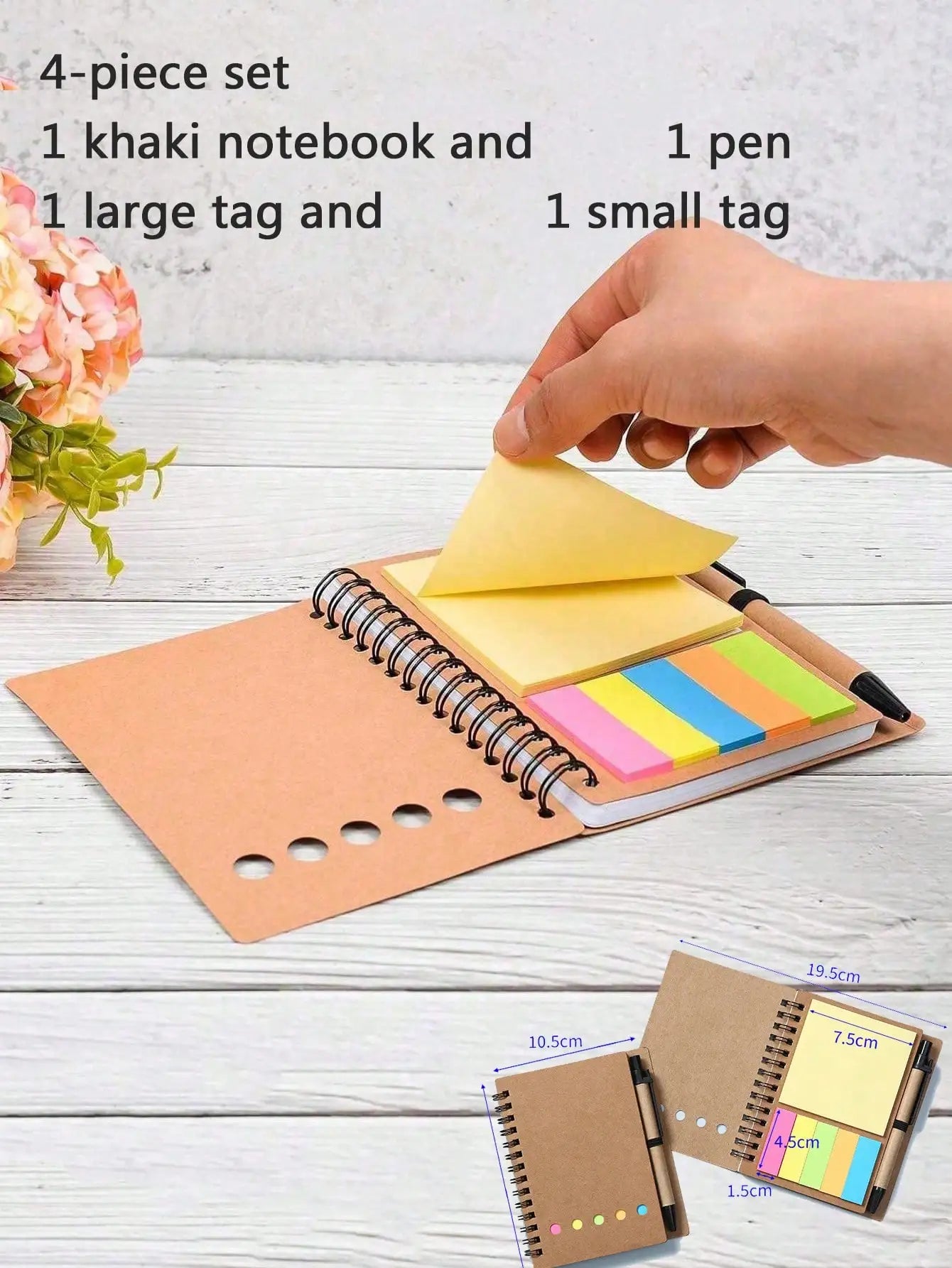 4pcs-set Spiral Notebook-Pocket Notepad with Pen Loop,Sticky Notes&Index Tabs,4.1x5.3"Brown Paper Cover,Portable Lined Journal