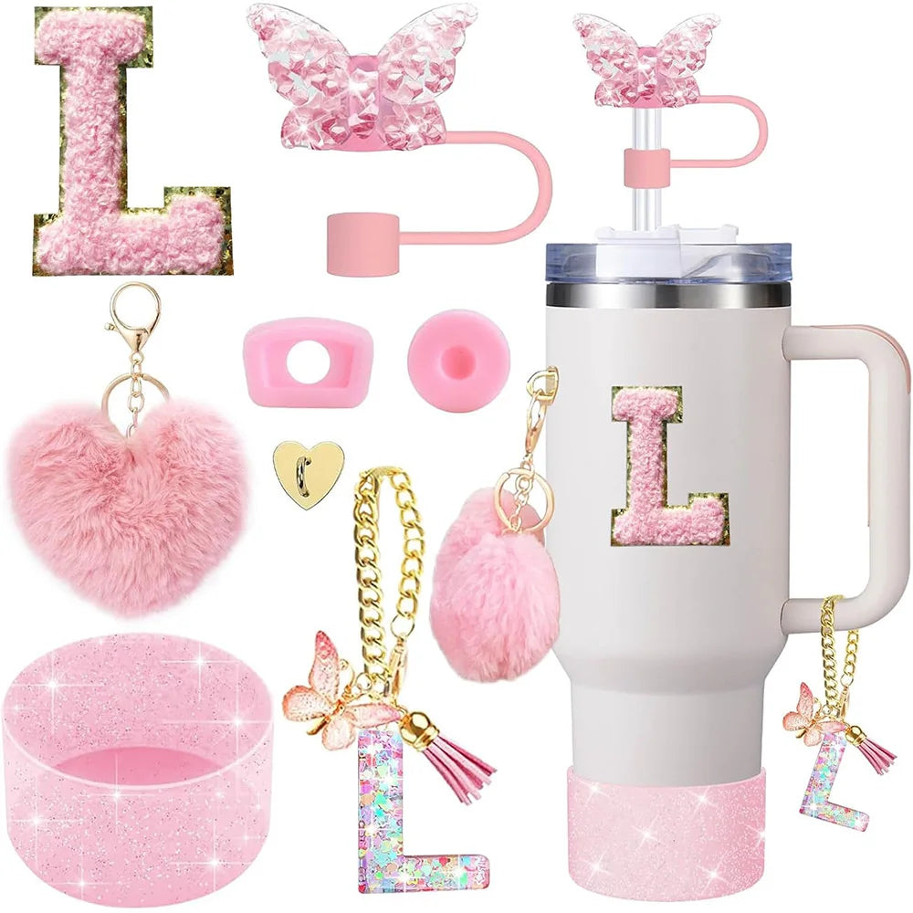 8pcs Cup Accessories for Stanley Cup 30oz 40oz Includes Butterfly Straw Cover Cap Silicone Boot Handle Charm Initials Sticker