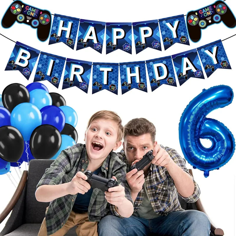 Gamepad Balloons Game On with Blue Digit Number Balloon Children's Birthday Party Decorations Game Theme Party Supplies