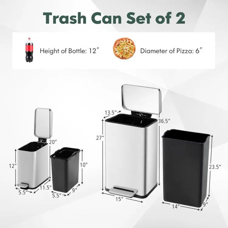 10.5 Gal and 1.6 Gal Step Trash Can Combo Set Detachable Inner Buckets for Convenient Kitchen Storage