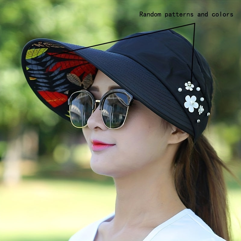 Women'S Wide Brim Sun Visor Hat with Faux Pearl & Floral Embellishments - Foldable Beach & Picnic Cap, Lightweight & Breathable for Outdoor Activities, All-Season Use, Sun Visor Hat, Picnic Headwear, Stylish Headgear, Durable