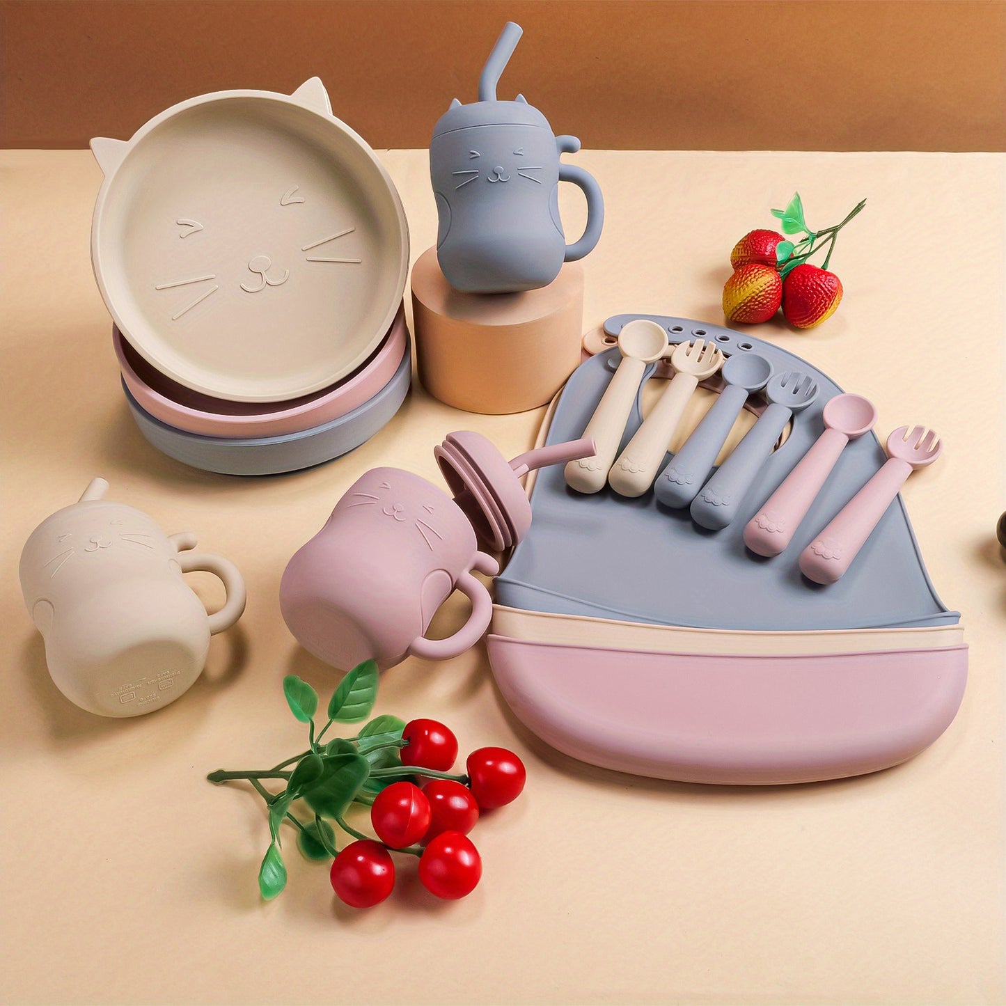 TYRY.HU Baby Feeding Set Silicone Feeding Set Shallow Tray Kitten Design Baby Silicone Tableware, Toddler Eating Utensils, With Suction Cup, Shallow Tray Bib Soft Spoon Fork Cup, Tough Tableware Set, Edible Grade Silicone, Sa