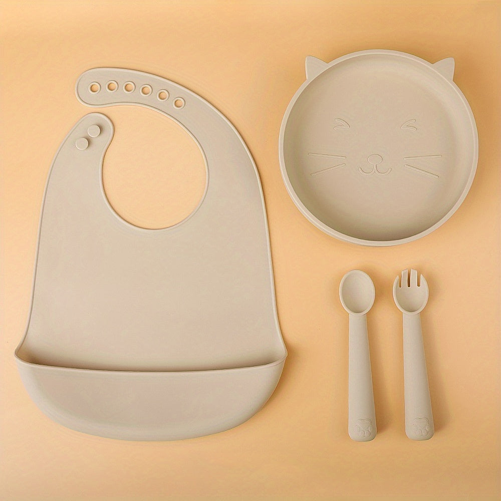 TYRY.HU Baby Feeding Set Silicone Feeding Set Shallow Tray Kitten Design Baby Silicone Tableware, Toddler Eating Utensils, With Suction Cup, Shallow Tray Bib Soft Spoon Fork Cup, Tough Tableware Set, Edible Grade Silicone, Sa
