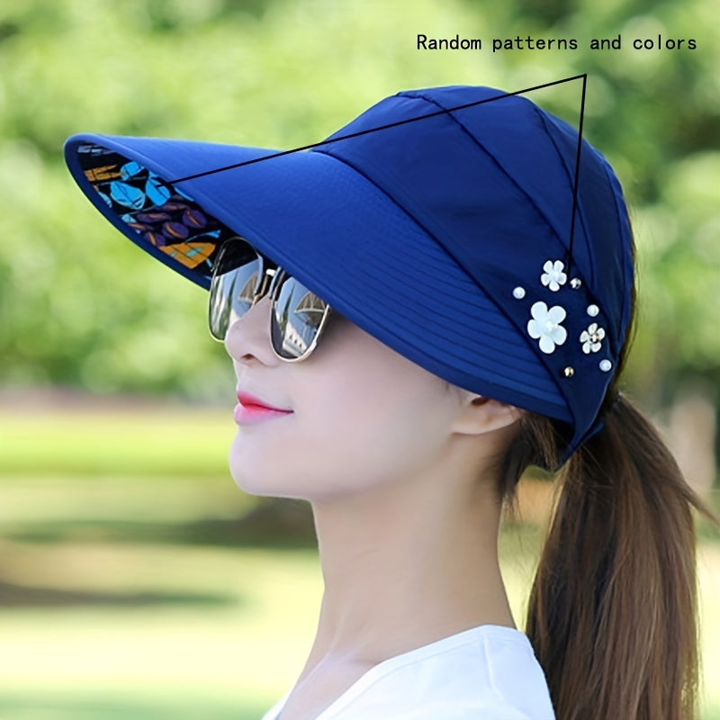 Women'S Wide Brim Sun Visor Hat with Faux Pearl & Floral Embellishments - Foldable Beach & Picnic Cap, Lightweight & Breathable for Outdoor Activities, All-Season Use, Sun Visor Hat, Picnic Headwear, Stylish Headgear, Durable