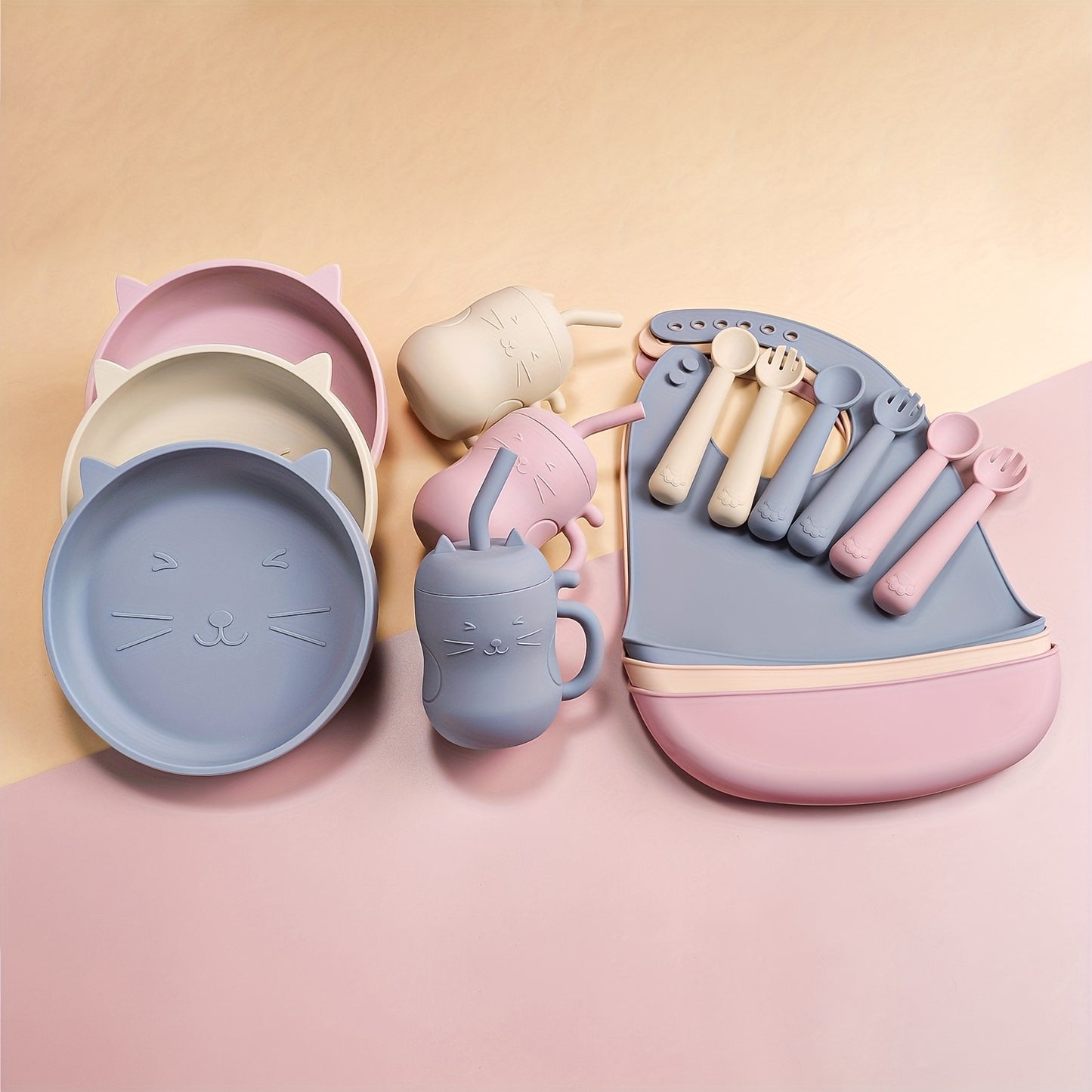 TYRY.HU Baby Feeding Set Silicone Feeding Set Shallow Tray Kitten Design Baby Silicone Tableware, Toddler Eating Utensils, With Suction Cup, Shallow Tray Bib Soft Spoon Fork Cup, Tough Tableware Set, Edible Grade Silicone, Sa