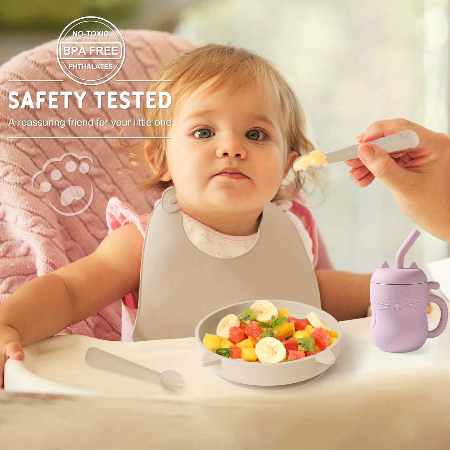 TYRY.HU Baby Feeding Set Silicone Feeding Set Shallow Tray Kitten Design Baby Silicone Tableware, Toddler Eating Utensils, With Suction Cup, Shallow Tray Bib Soft Spoon Fork Cup, Tough Tableware Set, Edible Grade Silicone, Sa