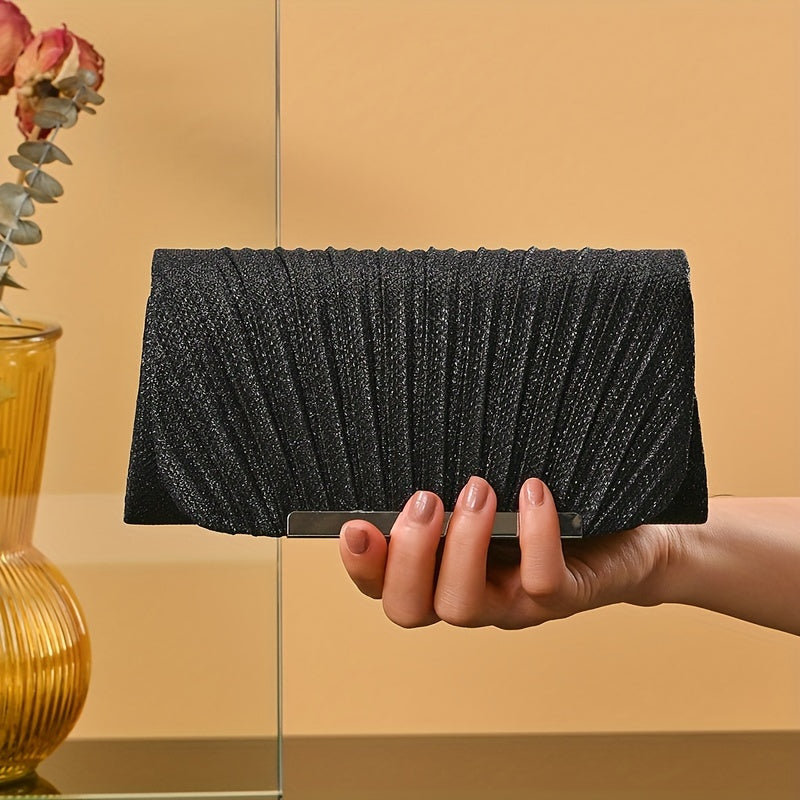 Glamorous Ruched Metal Decor Clutch Handbag - Sparkling Prom Purse with Adjustable Chain - Perfect Evening Bag for Weddings and Parties