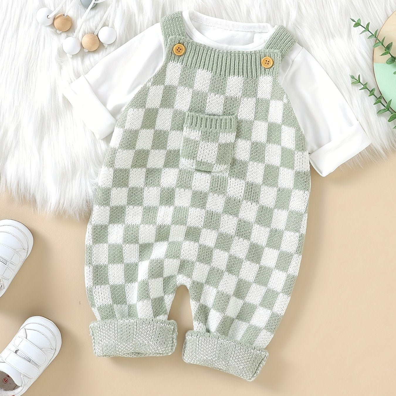 Cozy Baby Plaid Knitted Long Overall Pants - Soft Medium Stretch Acrylic Fabric, Square Neck, Elastic Casual Suspender Jumpsuit with Adorable Small Pocket, Regular Fit, All-Season Wear, No Inner Wear Required