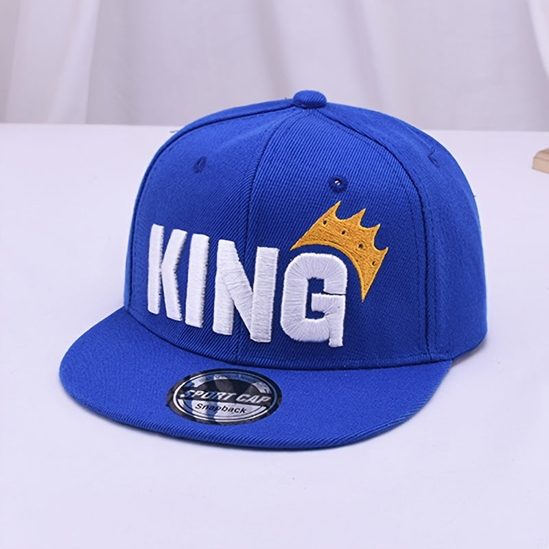 Youngsters' Hip Hop Snapback Caps - "KING" Embroidered with Crown Design, Breathable & Adjustable, Sun-Protective Baseball Hats for Boys & Girls, Perfect for Spring & Summer Outdoor Fun, Hip Hop Hat