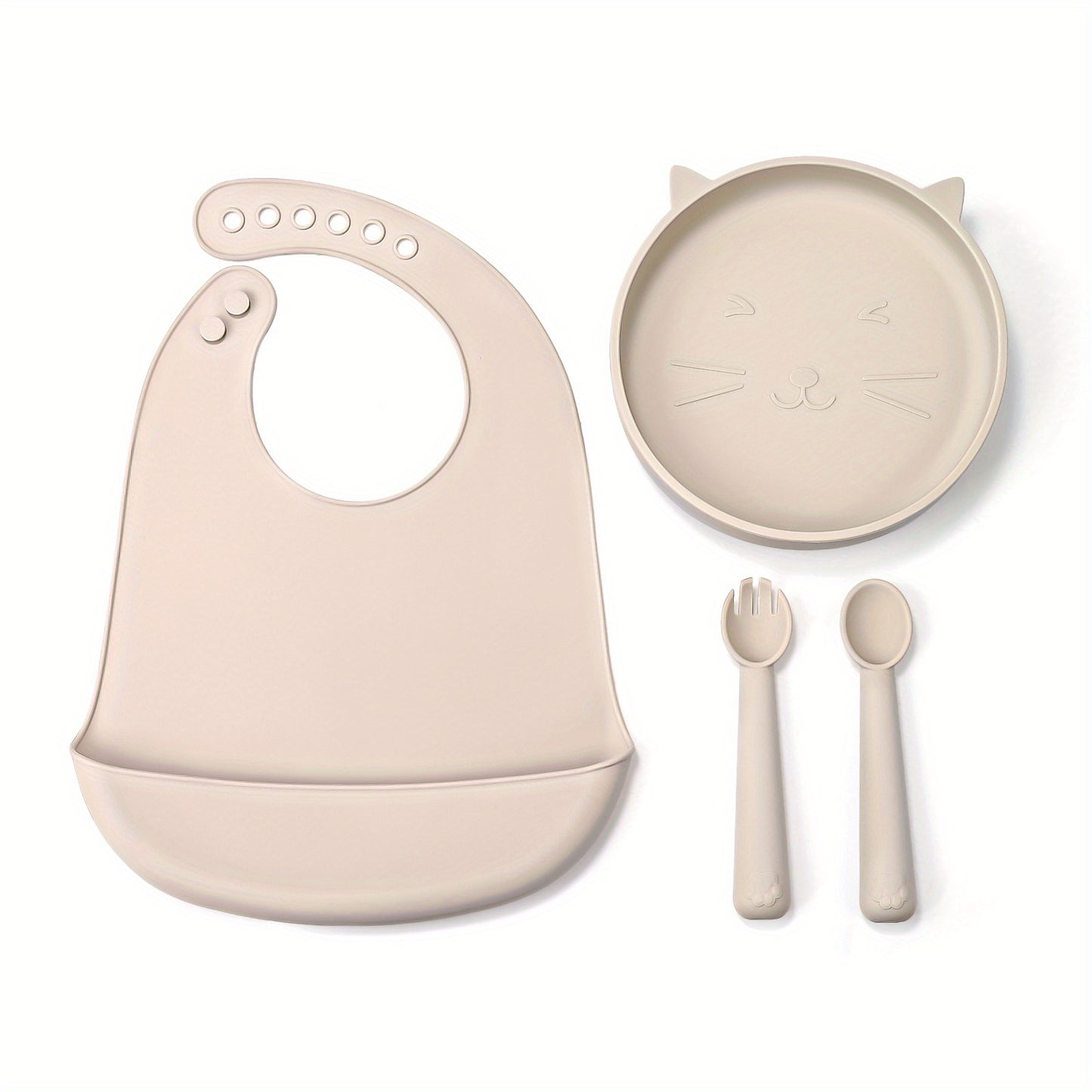 TYRY.HU Baby Feeding Set Silicone Feeding Set Shallow Tray Kitten Design Baby Silicone Tableware, Toddler Eating Utensils, With Suction Cup, Shallow Tray Bib Soft Spoon Fork Cup, Tough Tableware Set, Edible Grade Silicone, Sa