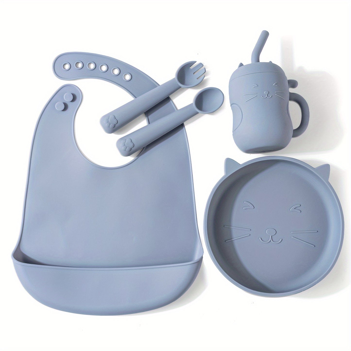 TYRY.HU Baby Feeding Set Silicone Feeding Set Shallow Tray Kitten Design Baby Silicone Tableware, Toddler Eating Utensils, With Suction Cup, Shallow Tray Bib Soft Spoon Fork Cup, Tough Tableware Set, Edible Grade Silicone, Sa