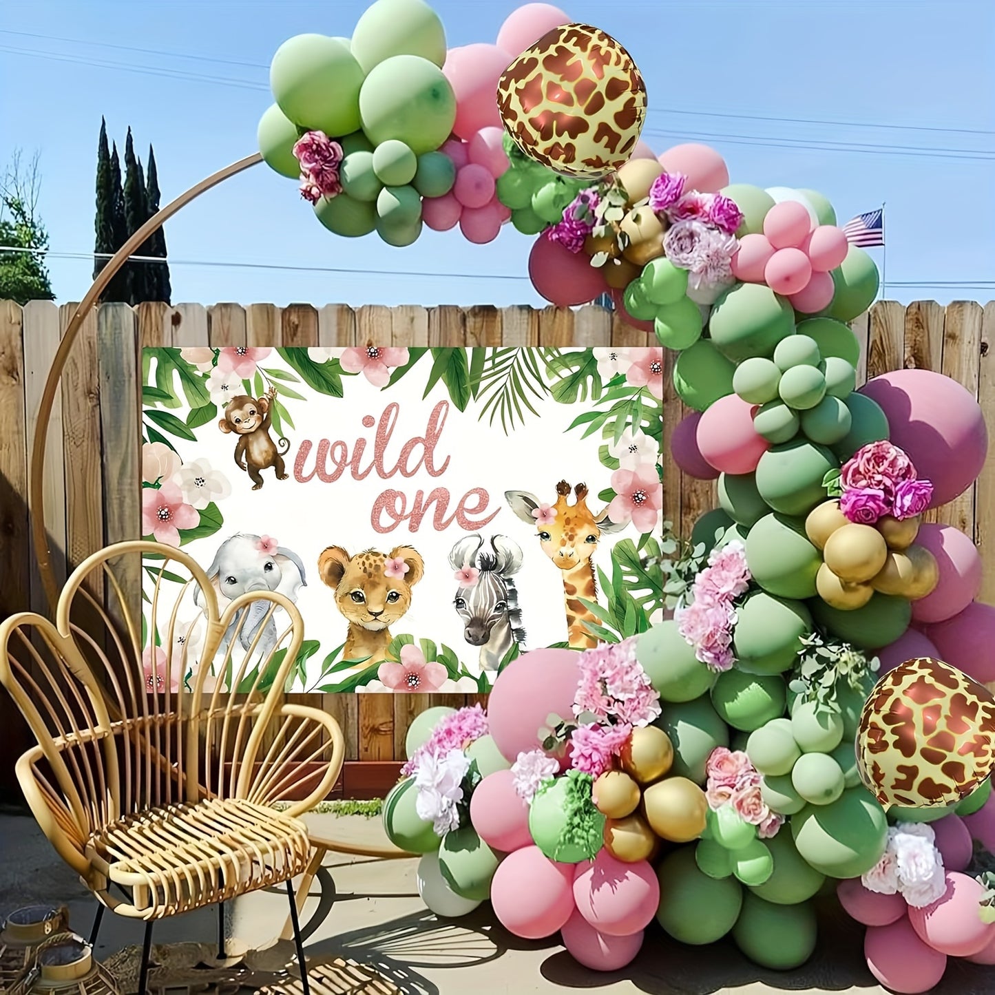 127pcs Wild One Birthday Decorations for Girls of Safari Jungle Theme Balloon Garland Arch Kit, Pink Wild One Balloons Arch with Backdrop 5X3ft for Girl 1st Birthday Party Decor Supplies