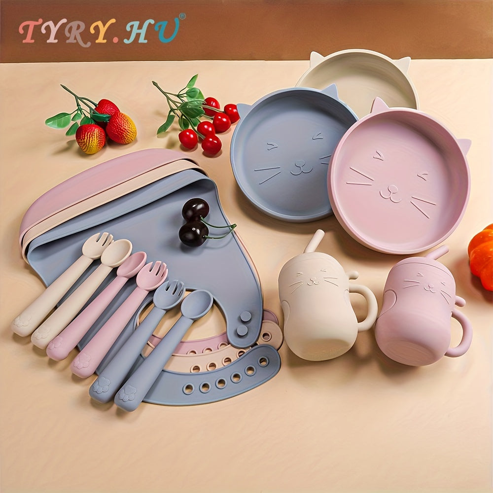 TYRY.HU Baby Feeding Set Silicone Feeding Set Shallow Tray Kitten Design Baby Silicone Tableware, Toddler Eating Utensils, With Suction Cup, Shallow Tray Bib Soft Spoon Fork Cup, Tough Tableware Set, Edible Grade Silicone, Sa