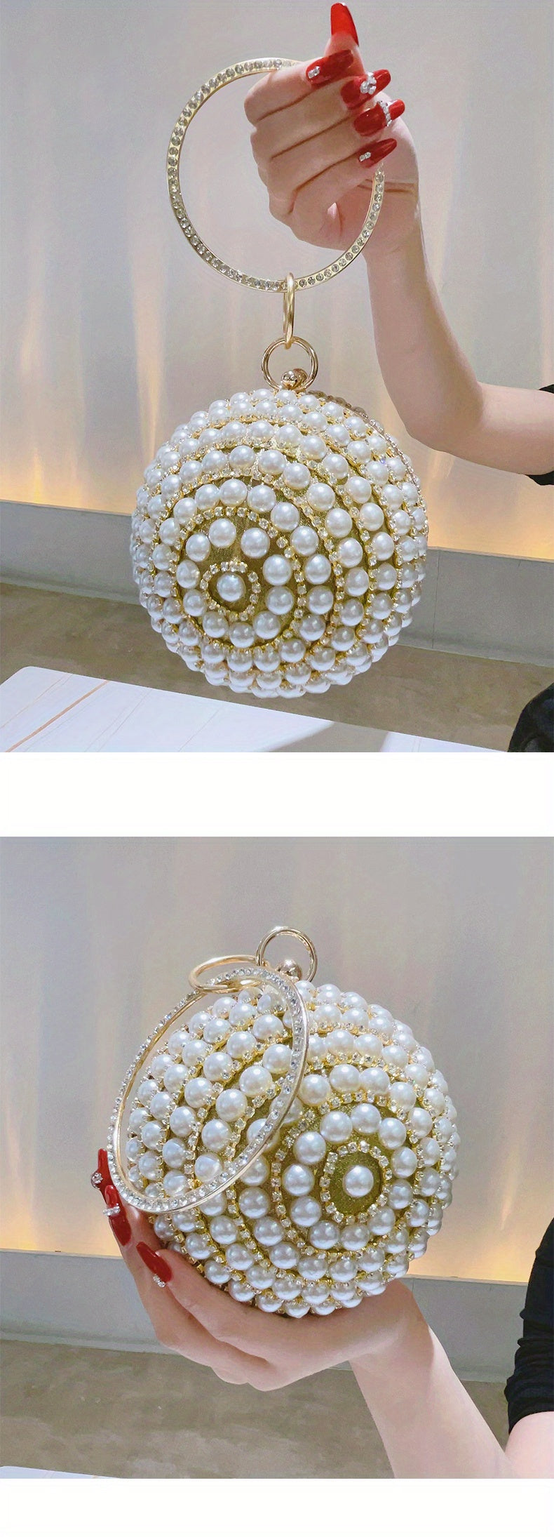 Glamorous Faux Pearl & Rhinestone Ball Clutch - Sparkling Evening Handbag for Weddings, Proms & Parties - Womens Fashion Purse