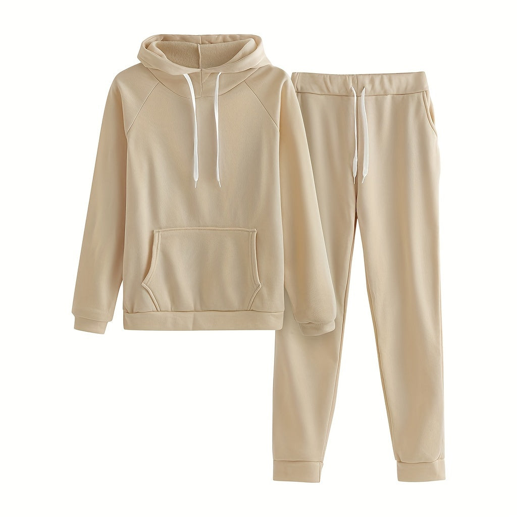 Women'S Casual Polyester Hooded Sweatshirt and Pants Set, Solid Color Long Sleeve Pullover with Pocket Detail, 100% Polyester Knit Fabric, Fall/Winter Sportswear