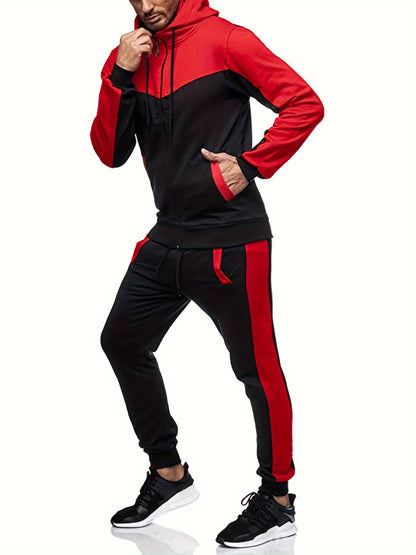 Two-Piece Color Block Men's Casual Sportswear Hoodie Set, Zip-Up Drawstring Jogging Suit For All Seasons