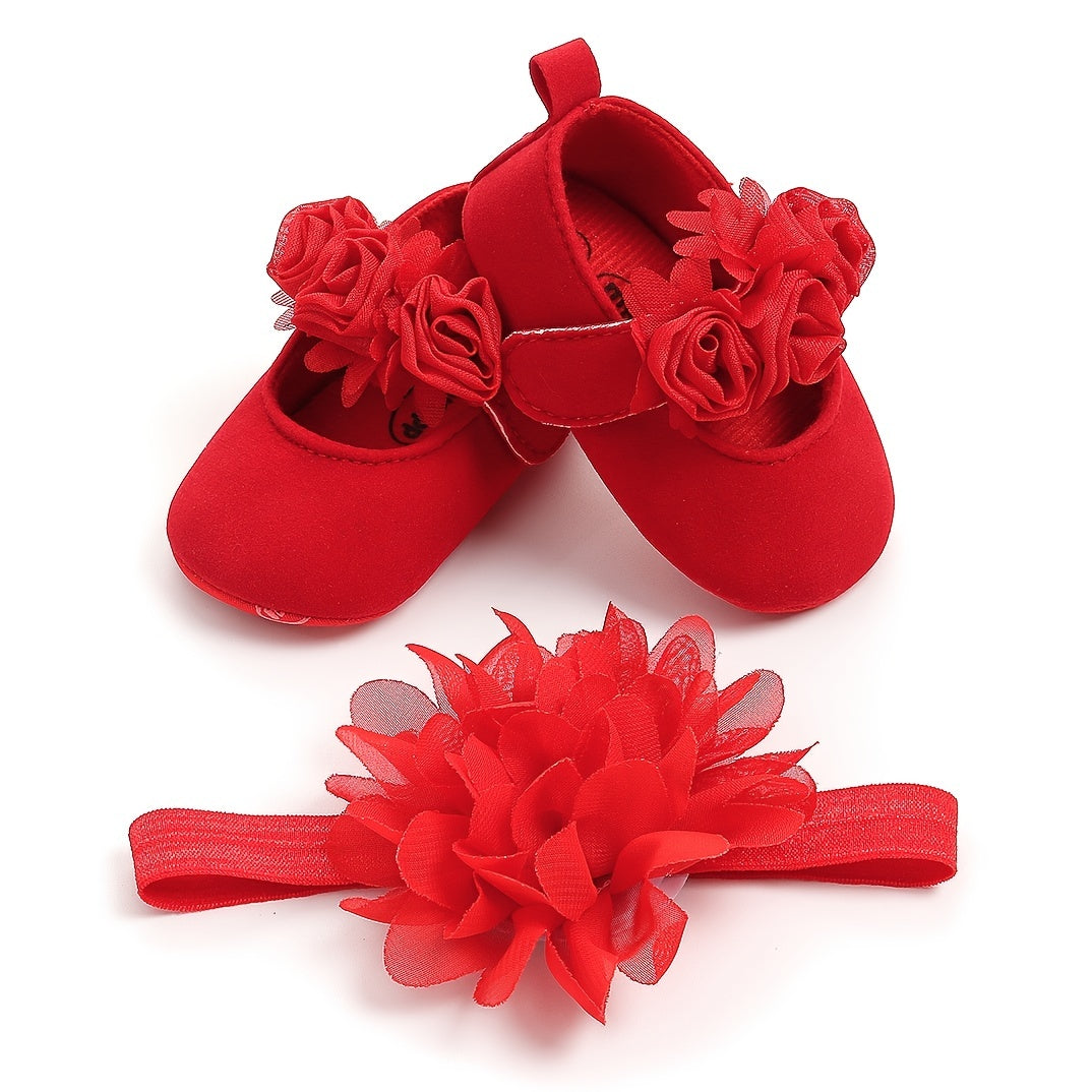 Baby Girls Mary Jane Flat Shoes With Floral Decor & Headband, Princess Wedding Crib Shoes For Infant Newborn First Walkers Prewalkers