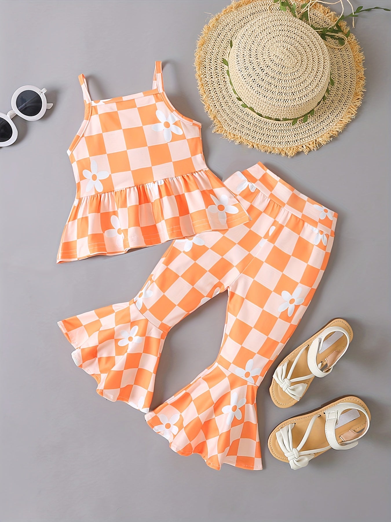 2pcs Adorable Baby Girls Floral Plaid Cami Tops & Flare Pants Set - Soft Medium Stretch Fabric, Ruffle Details, Sleeveless, Casual Style - Perfect for Spring/Summer Season