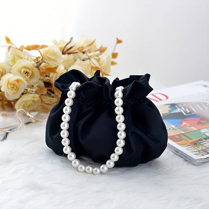 Cute Mini Drawstring Pearl Bucket Clutch - Elegant Women's Classic Banquet Handbag & Purse with Decorative Pearl Accents, Soft Fabric, and Adjustable Strap