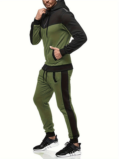 Two-Piece Color Block Men's Casual Sportswear Hoodie Set, Zip-Up Drawstring Jogging Suit For All Seasons