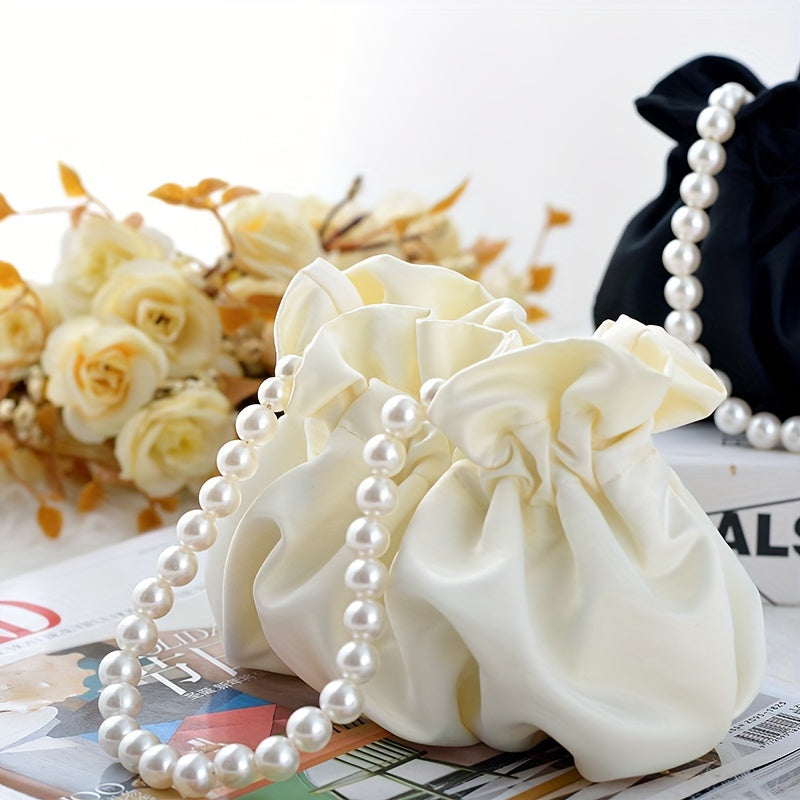 Cute Mini Drawstring Pearl Bucket Clutch - Elegant Women's Classic Banquet Handbag & Purse with Decorative Pearl Accents, Soft Fabric, and Adjustable Strap
