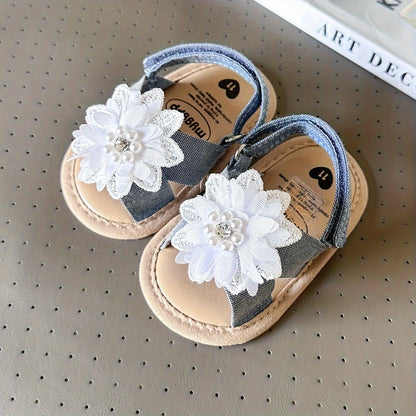 Baby Girls Flower Hook And Loop Sandals, Lightweight Non-Slip Comfy Walking Shoes For Newborn Infant, Summer