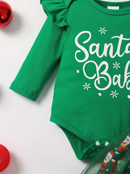 Baby Girls Adorable Christmas Outfit Infant Long Sleeve Romper & Snowman Print Tulle Dresses Set Festival Party Dress Up