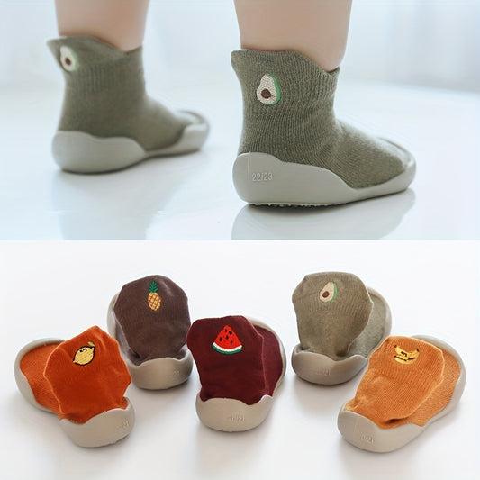 Infant Baby Girls Cute Cartoon Fruit Embroidery Lightweight High Top Sock Shoes, Toddlers Outdoor Comfortable Non-slip Soft Sole Slip On Floor Shoes