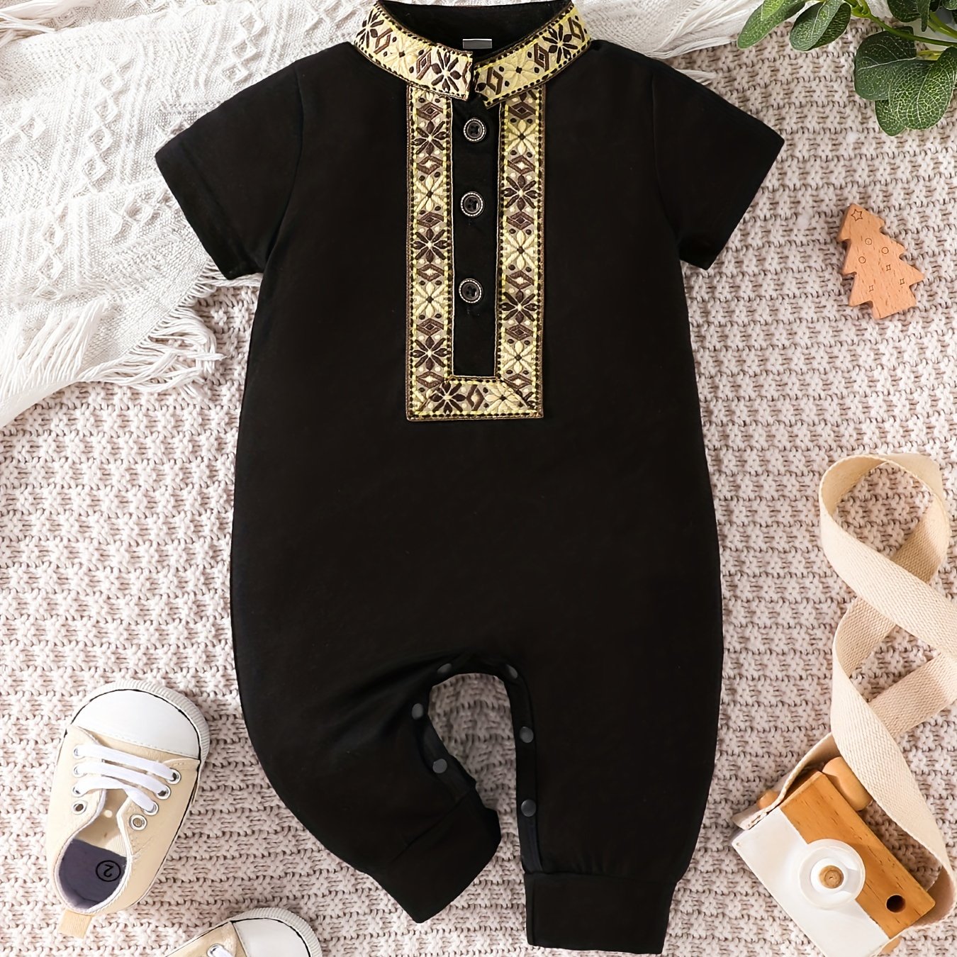 Eid Al-Adha Eid Al-Adha Baby Boy's Short Sleeve Casual Jumpsuit, Lapel Button Up Classic Floral Printed Bodysuit, Eid Al-Adha