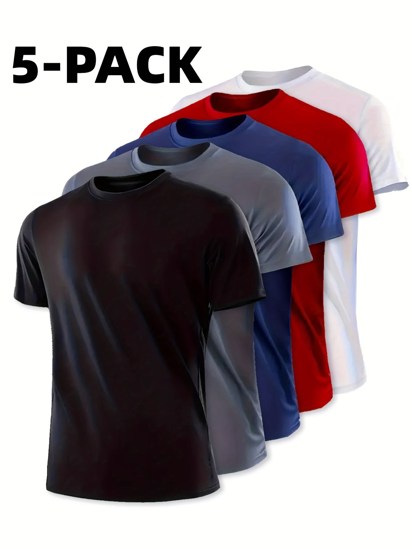 5pcs Mens Shirts Solid Color Simple Summer T-shirt Outdoor Breathable Quick Drying Clothes Running Fitness Sportswear