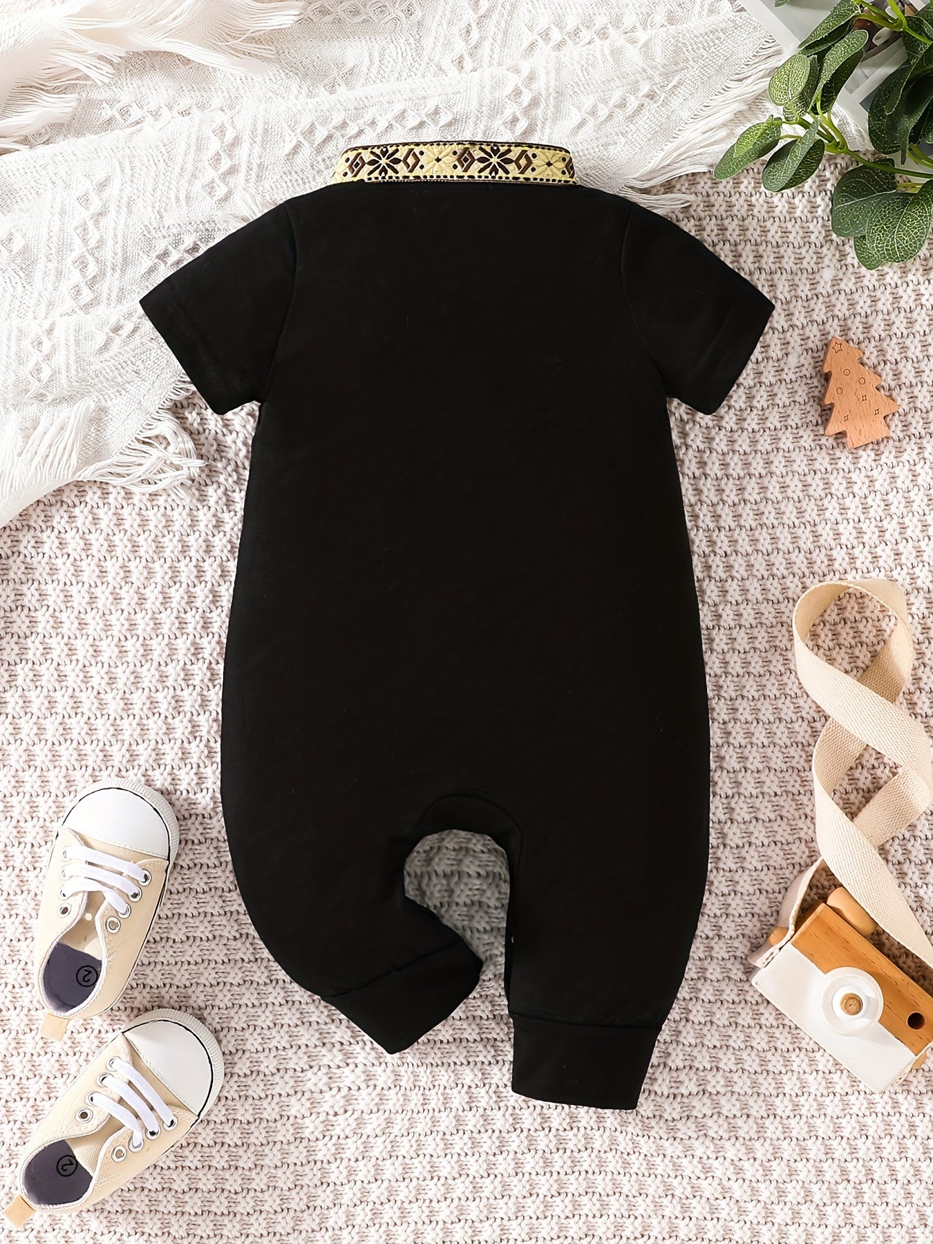 Eid Al-Adha Eid Al-Adha Baby Boy's Short Sleeve Casual Jumpsuit, Lapel Button Up Classic Floral Printed Bodysuit, Eid Al-Adha