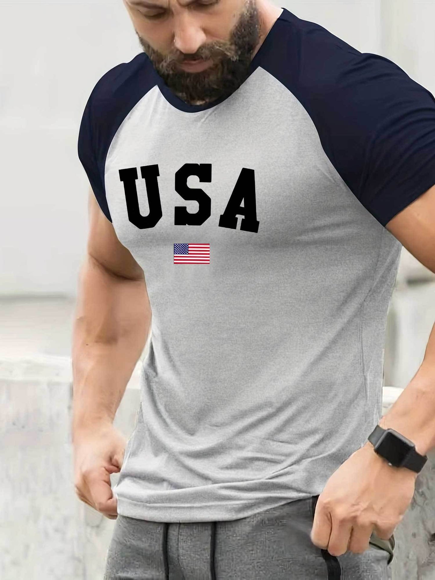 USA Flag Print Raglan T-Shirt for Men - Comfortable, Stretchy, Crew Neck, Short Sleeve, Casual Summer Sportswear Top with American Patriotic Design - Perfect for Fitness, Workout, Running, Outdoor Activities