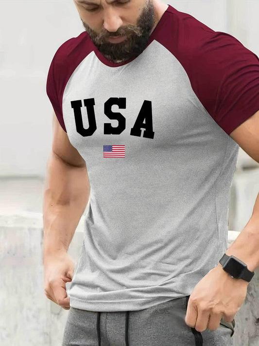USA Flag Print Raglan T-Shirt for Men - Comfortable, Stretchy, Crew Neck, Short Sleeve, Casual Summer Sportswear Top with American Patriotic Design - Perfect for Fitness, Workout, Running, Outdoor Activities