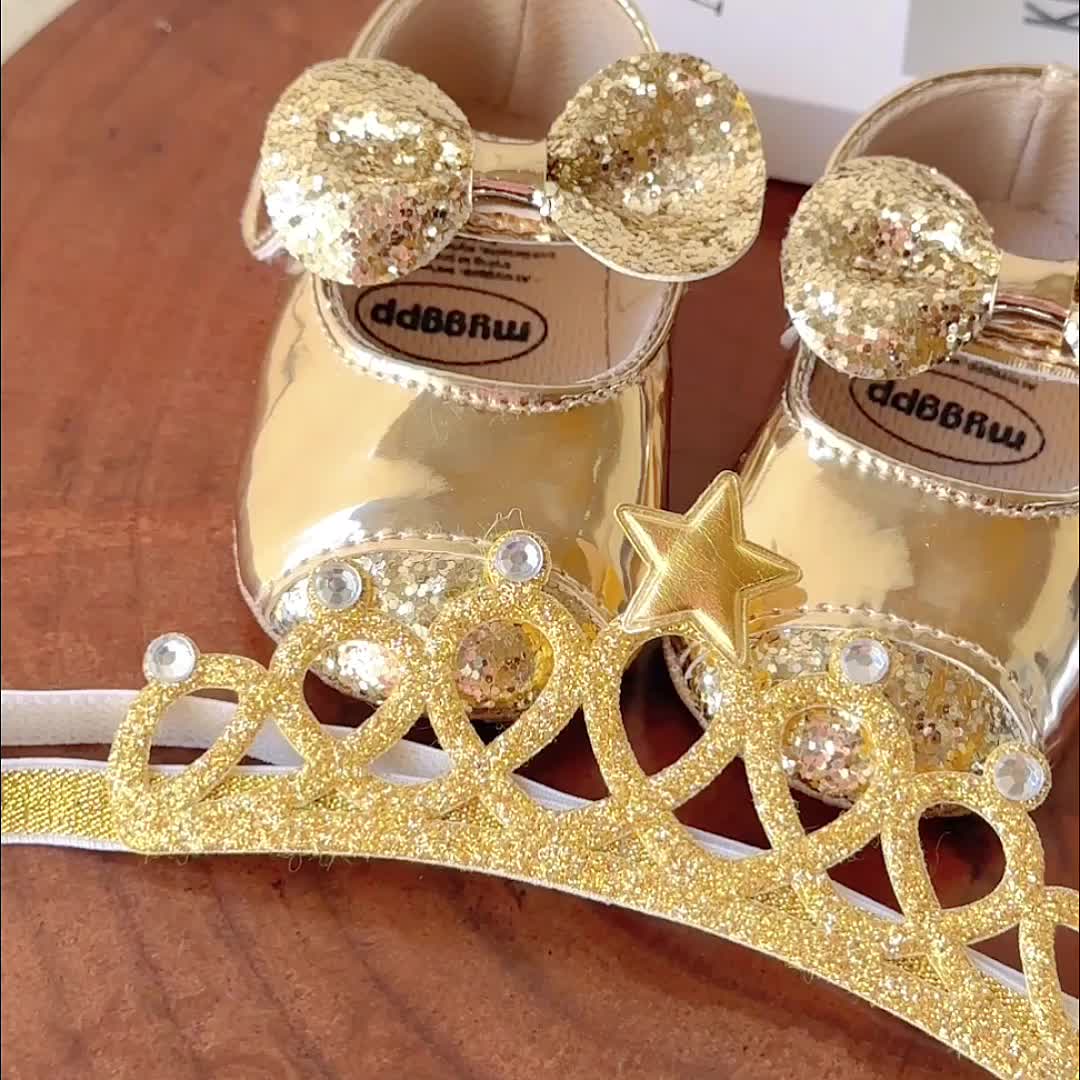 2pcs Baby Girls Mary Jane Flat Shoes With Flower Decor & Crown Headband, Princess Dress Crib Shoes First Walker Shoes For Newborn Infant