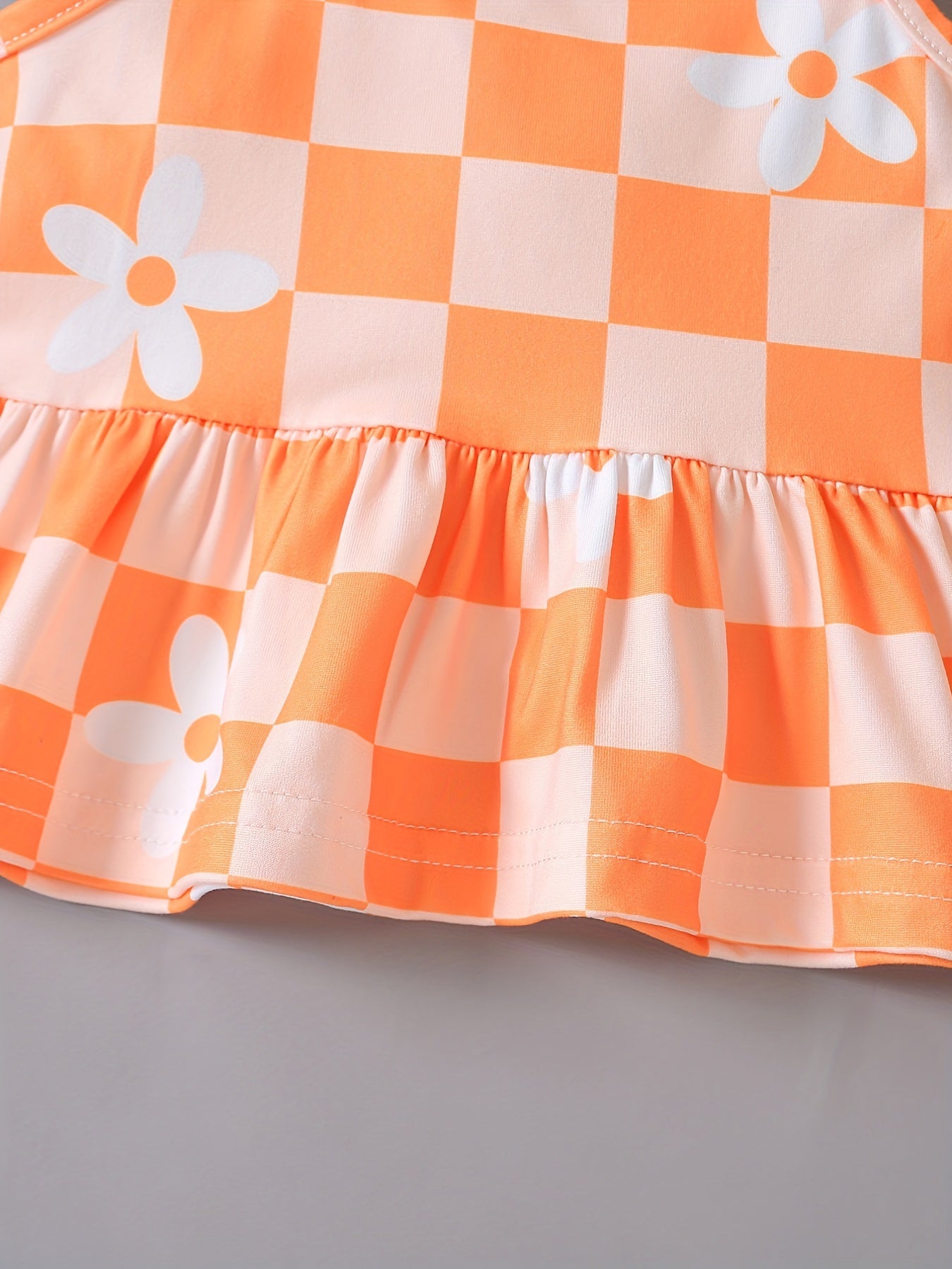 2pcs Adorable Baby Girls Floral Plaid Cami Tops & Flare Pants Set - Soft Medium Stretch Fabric, Ruffle Details, Sleeveless, Casual Style - Perfect for Spring/Summer Season