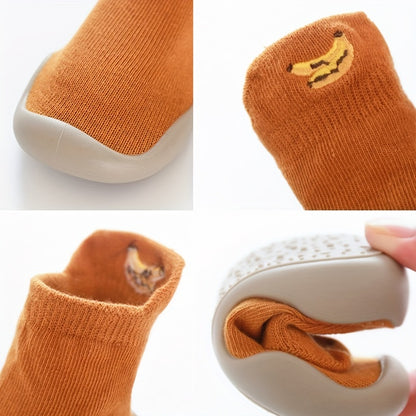 Infant Baby Girls Cute Cartoon Fruit Embroidery Lightweight High Top Sock Shoes, Toddlers Outdoor Comfortable Non-slip Soft Sole Slip On Floor Shoes