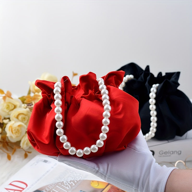 Cute Mini Drawstring Pearl Bucket Clutch - Elegant Women's Classic Banquet Handbag & Purse with Decorative Pearl Accents, Soft Fabric, and Adjustable Strap