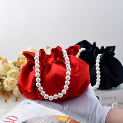 Cute Mini Drawstring Pearl Bucket Clutch - Elegant Women's Classic Banquet Handbag & Purse with Decorative Pearl Accents, Soft Fabric, and Adjustable Strap