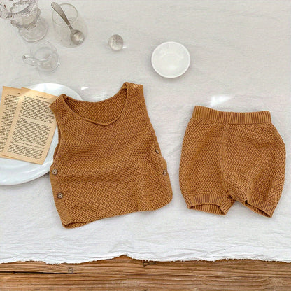 2pcs Baby Infant Girls Casual Plain Color Knit Tank Top & Shorts Set Clothes