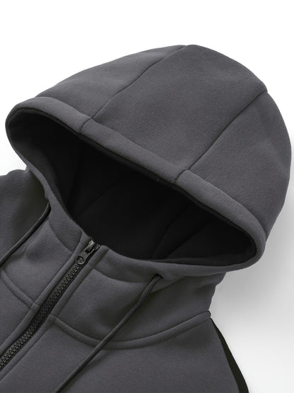 Two-Piece Color Block Men's Casual Sportswear Hoodie Set, Zip-Up Drawstring Jogging Suit For All Seasons