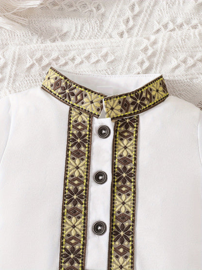 Eid Al-Adha Eid Al-Adha Baby Boy's Short Sleeve Casual Jumpsuit, Lapel Button Up Classic Floral Printed Bodysuit, Eid Al-Adha