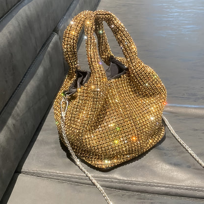 Luxurious Mini Rhinestone Bucket Handbag - Bling-Bling Evening Purse with Chain Strap, Fashionable, Spacious Interior, Perfect for Carnival, Mardi Gras, Music Festival, Party, Prom, and Night Out - Trendy, Glamorous, and Dura