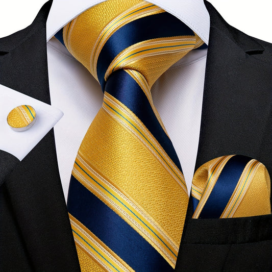 Classic Striped Tie Set For Men Blue Yellow Ties Trendy Woven Necktie Hanky Cufflinks Set Business Tie, Ideal choice for Gifts