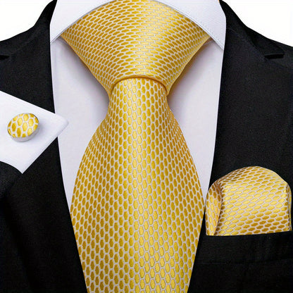 Classic Striped Tie Set For Men Blue Yellow Ties Trendy Woven Necktie Hanky Cufflinks Set Business Tie, Ideal choice for Gifts
