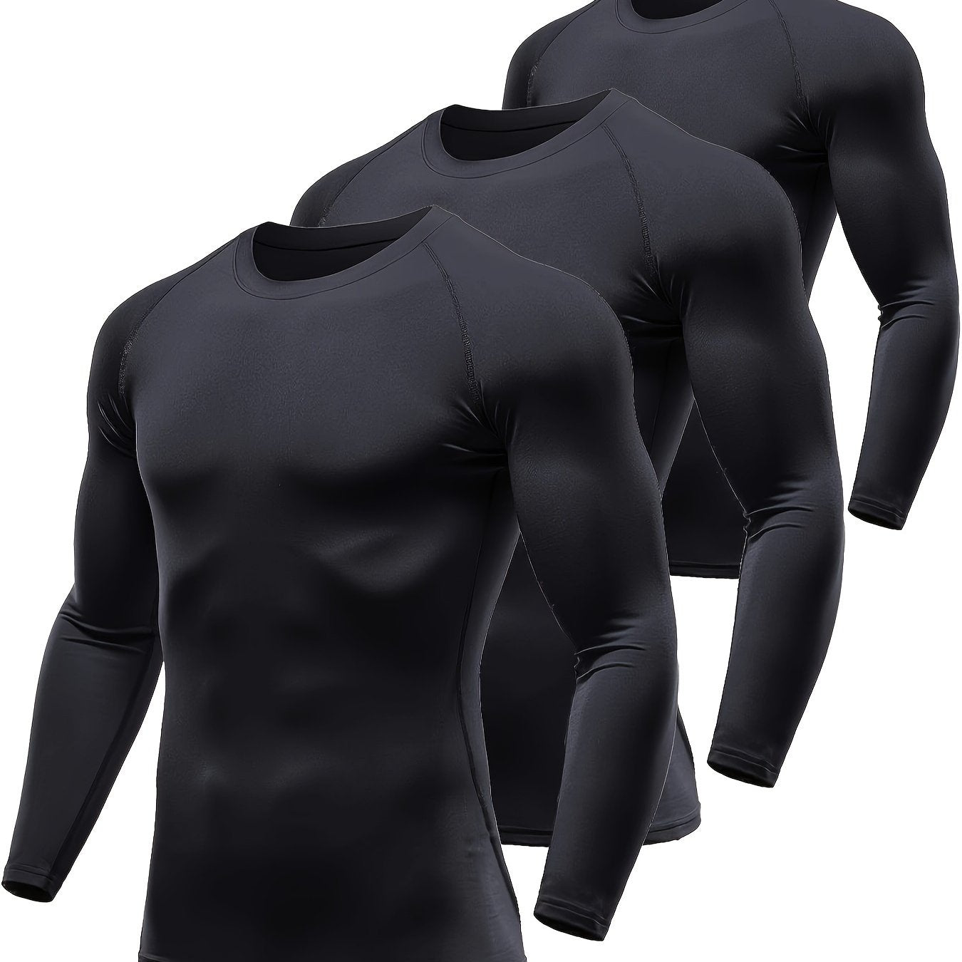 3-Pack Men's Plus Size Long Sleeve Compression Shirts, High-Stretch Polyester Blend, Athletic Crew Neck Sportswear Tops, UV Protection Moisture-Wicking Baselayer