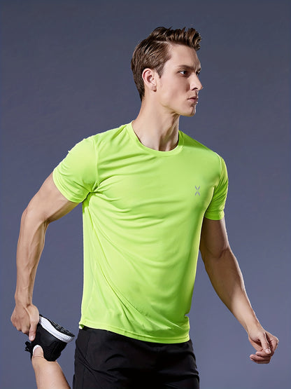 Men's Quick-Dry Athletic T-Shirt - Neon Green Workout Shirt, Lightweight Moisture-Wicking Gym Tee for Running, Training, Boxing, Cycling - Breathable Athletic Top with Round Neck, Gym Shirt, Sports Apparel, Sleek Design, Elas
