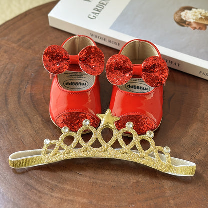 2pcs Baby Girls Mary Jane Flat Shoes With Flower Decor & Crown Headband, Princess Dress Crib Shoes First Walker Shoes For Newborn Infant