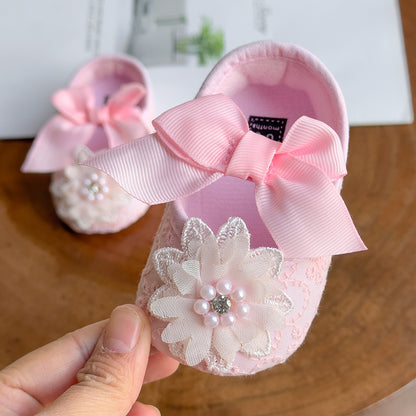 Baby Girls Mary Jane Flat Shoes With Flower Decor Soft Comfy Crib Shoes First Walker Shoes For Newborn Infant, Spring And Summer