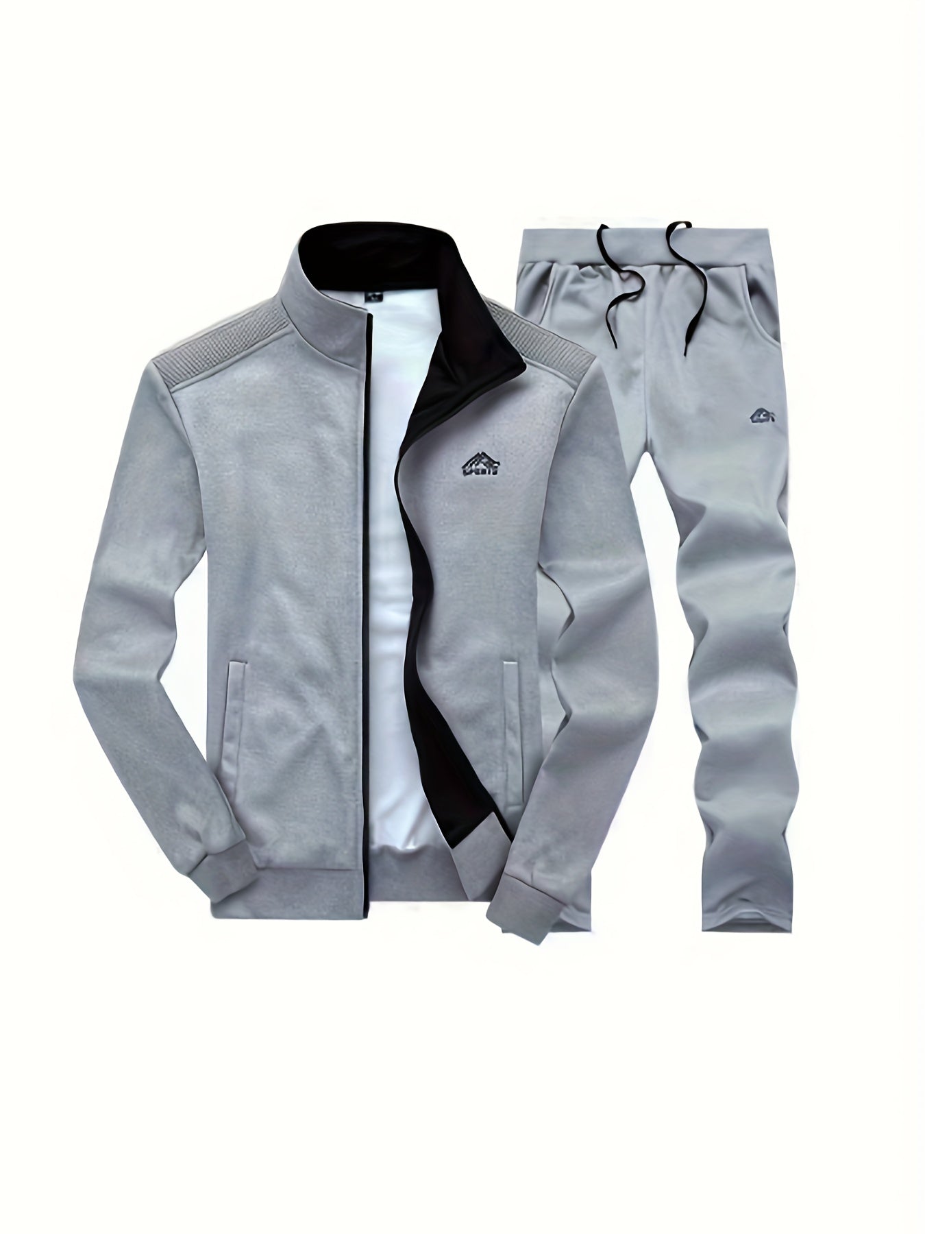2pcs Embroidered Stand Collar Zip Up Jacket & Elastic Waist Drawstring Pants - Men's Sportswear Set for Outdoor Activities