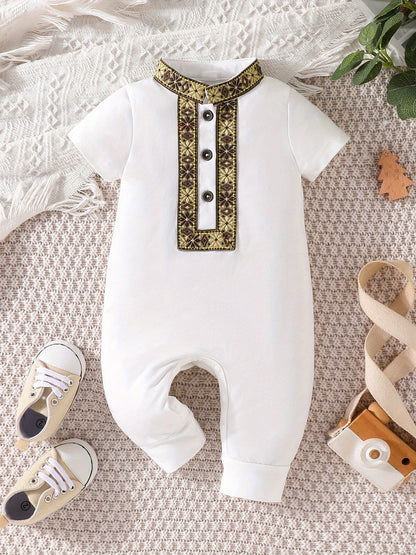 Eid Al-Adha Eid Al-Adha Baby Boy's Short Sleeve Casual Jumpsuit, Lapel Button Up Classic Floral Printed Bodysuit, Eid Al-Adha